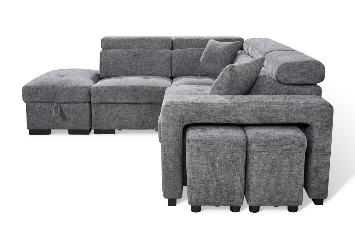 Amelia Dark Grey Chenille Fabric Corner Sofa Bed with Storage and Ottomans