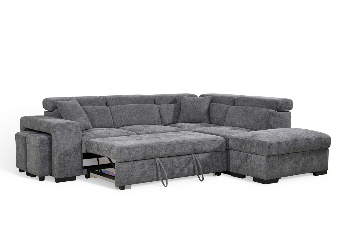 Amelia Dark Grey Chenille Fabric 2C1 Corner Sofa Bed with Storage and Ottomans