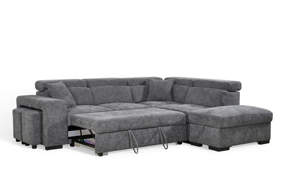 Amelia Dark Grey Chenille Fabric 2C1 Corner Sofa Bed with Storage and Ottomans