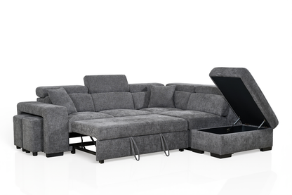 Amelia Dark Grey Chenille Fabric 2C1 Corner Sofa Bed with Storage and Ottomans