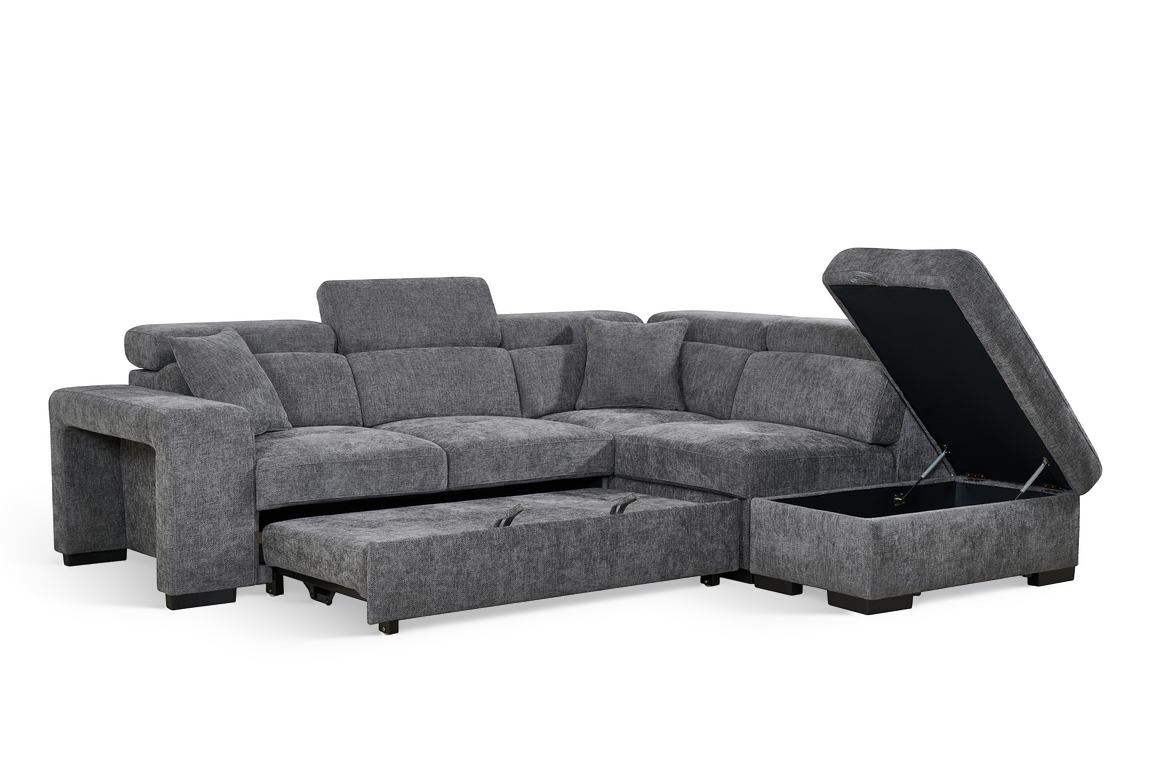Amelia Dark Grey Chenille Fabric 2C1 Corner Sofa Bed with Storage and Ottomans
