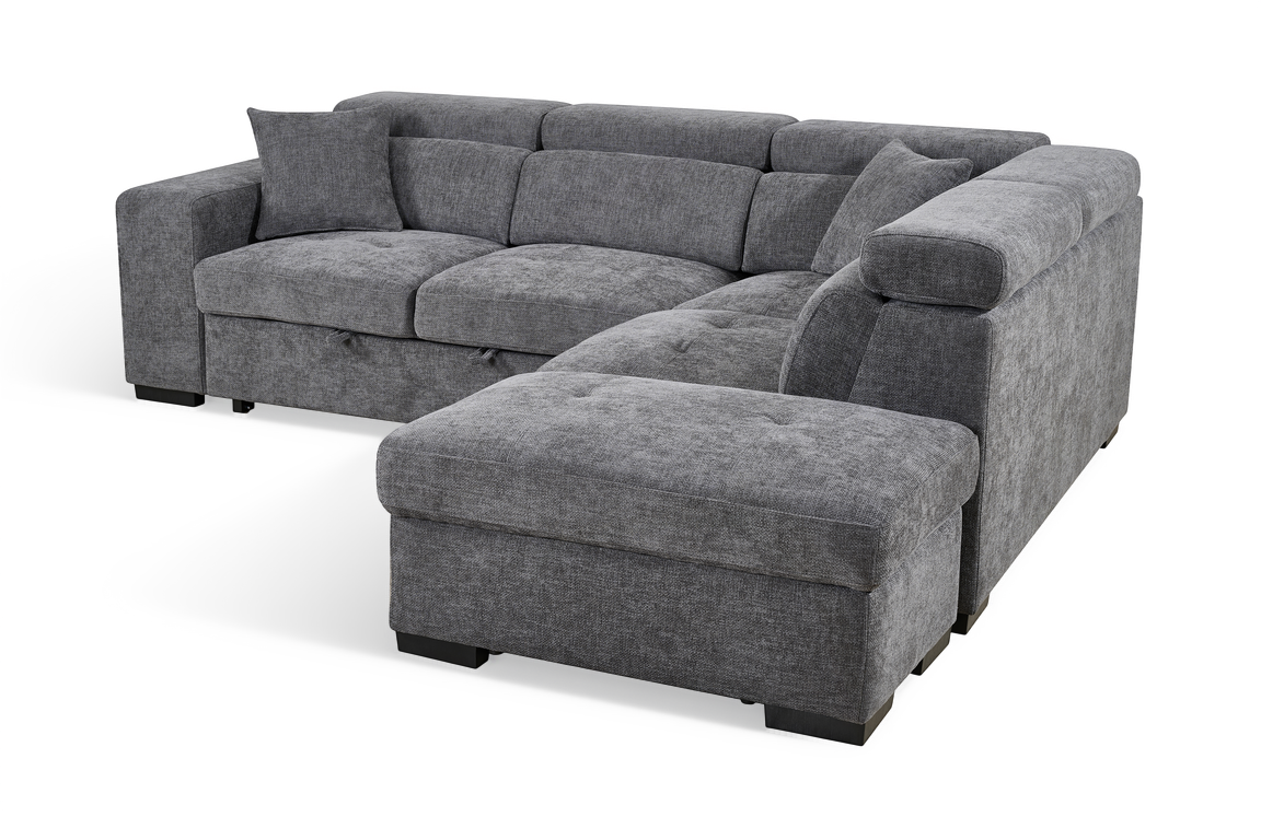 Amelia Dark Grey Chenille Fabric 2C1 Corner Sofa Bed with Storage and Ottomans