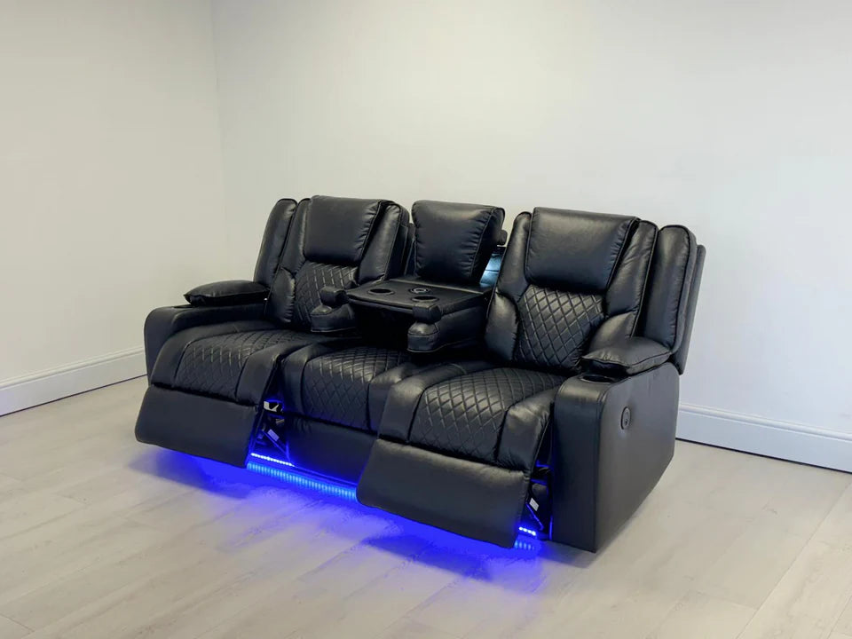Orlando Electric Recliners 3+2 Seater Leather Sofa Black - Led Lights - Wireless Charger