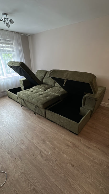 Alaya Storage U Shape Sofabed - Olive Green