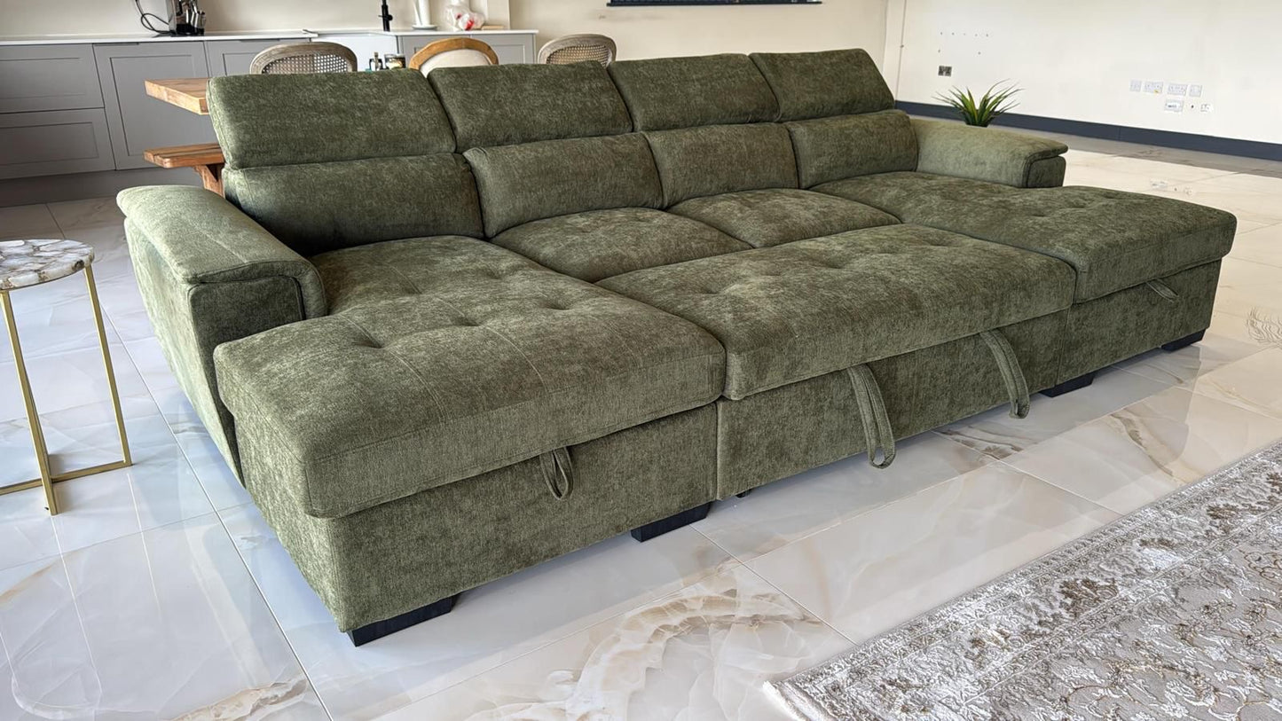 Alaya Storage U Shape Sofabed - Olive Green