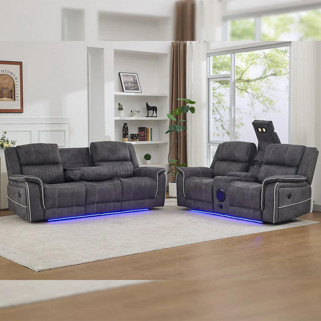 Geneva Pro Fabric Electric Recliner Sofas - Grey With Bluetooth/Cooling Cup-Holders/LED Lights (Copy)
