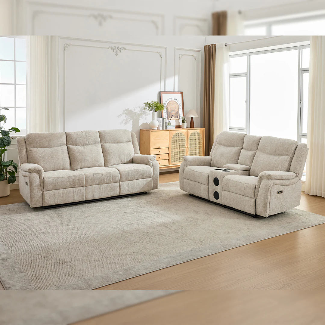 Siyara Fabric Electric Recliners Sofa - Beige With Cupholders-Cooling Cup-Holders/Bluetooth Speakers/Wireless Charging/USB Charging Ports/Storage