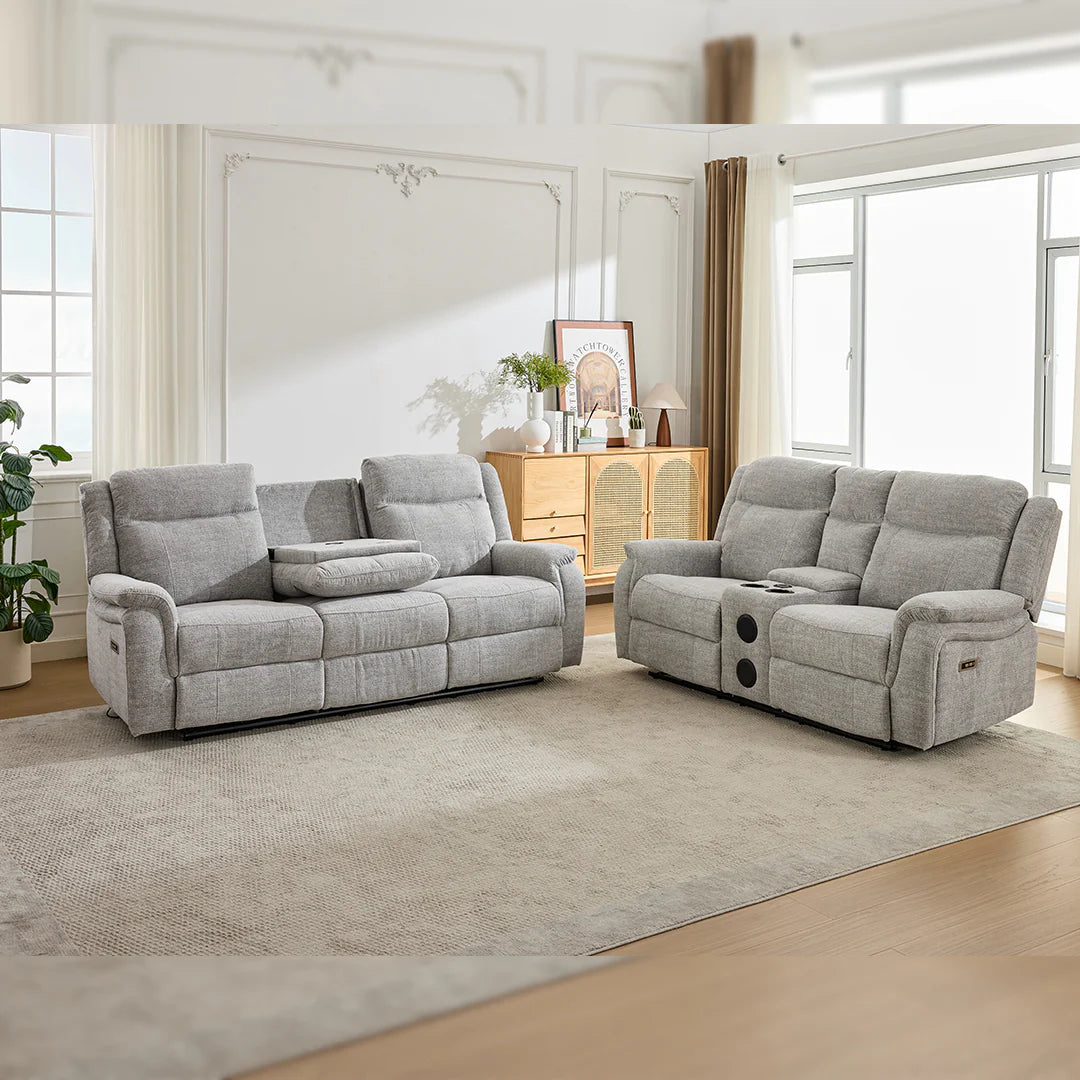 Siyara Fabric Electric Recliners Sofa - Grey With Cupholders-Cooling Cup-Holders/Bluetooth Speakers/Wireless Charging/USB Charging Ports/Storage