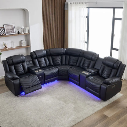 Zeus Leather Electric Recliner Corner Sofa - Black