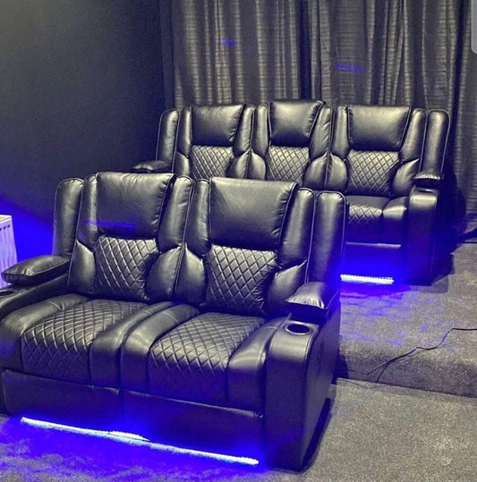 Orlando Electric Recliners 3+2 Seater Leather Sofa Black - Led Lights - Wireless Charger