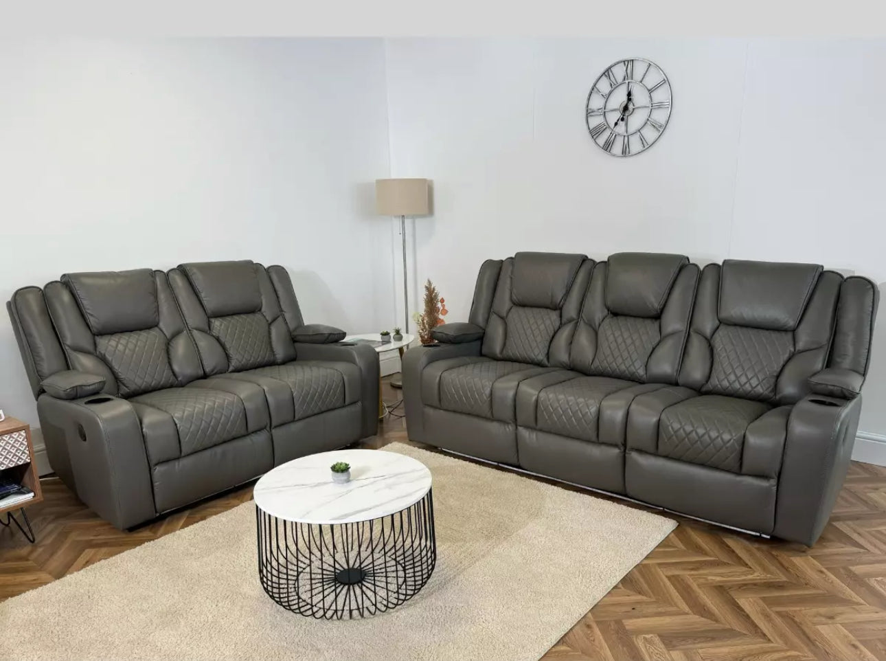 Orlando Electric Recliner 3+2 Seater Leather Sofa Grey - Led Lights - Wireless Charger