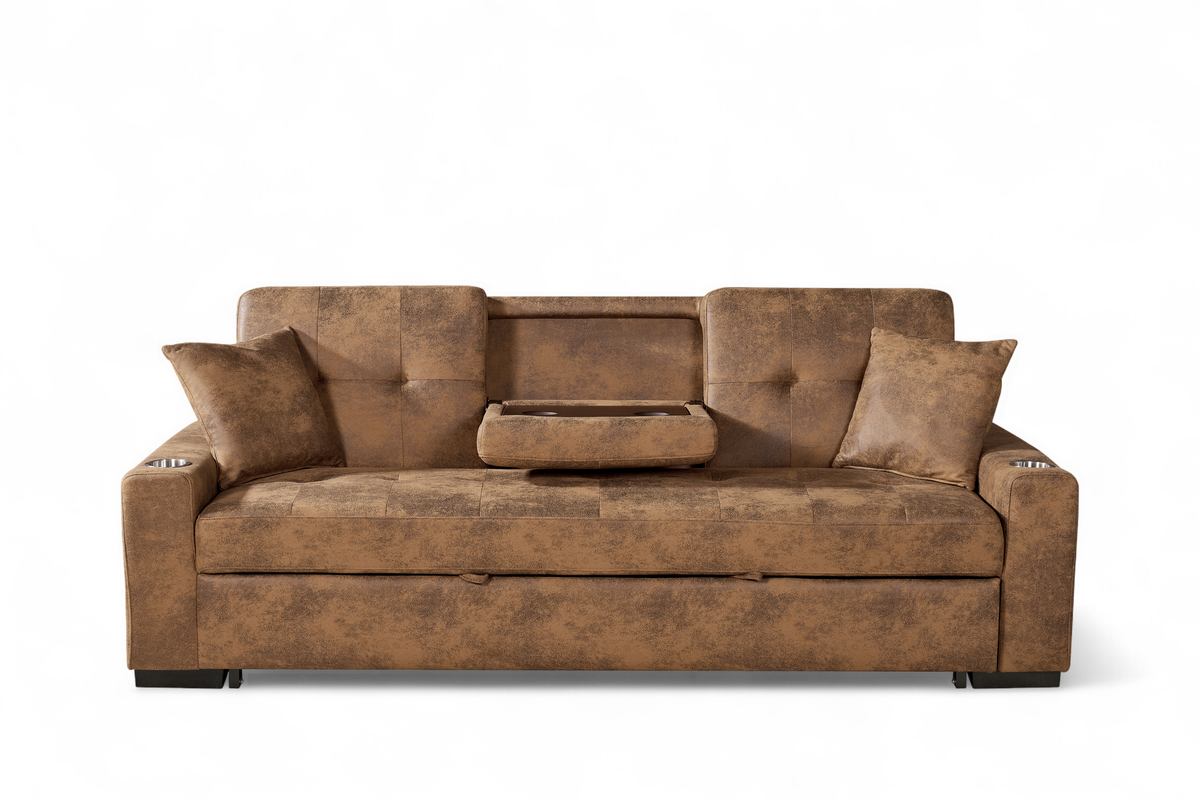 Charles 3 Seater Sofa Bed - Brown Suede Leather - Image 2