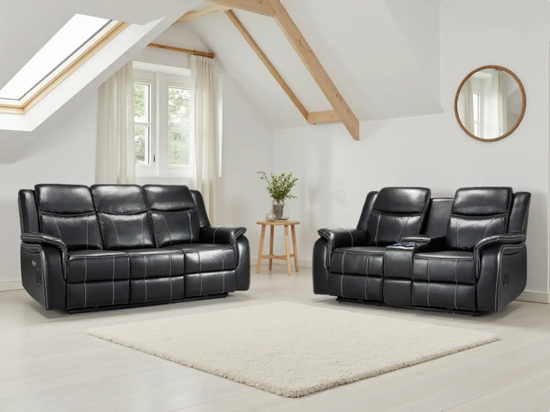 Galaxy Tech Recliner Leather 3+2 Seater Sofa - Black