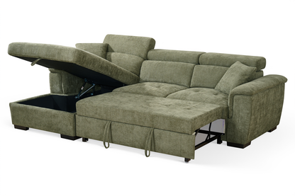 Green Chenille Fabric Corner Sofabed with Storage