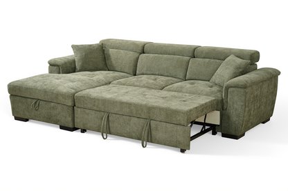 Green Chenille Fabric Corner Sofabed with Storage