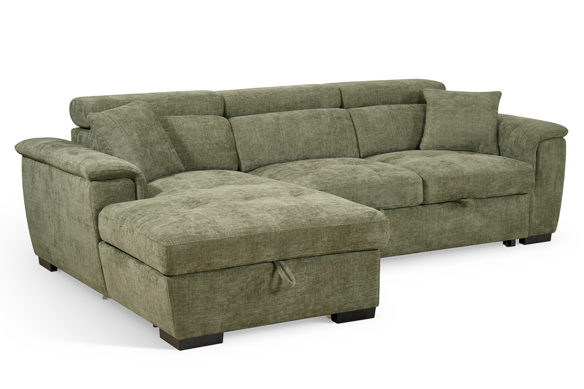 Green Chenille Fabric Corner Sofabed with Storage