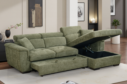 Green Chenille Fabric Corner Sofabed with Storage