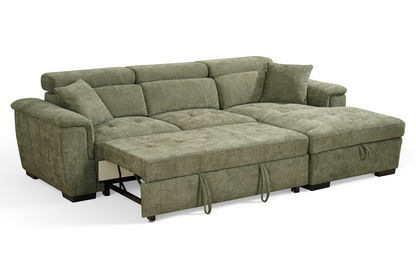 Green Chenille Fabric Corner Sofabed with Storage