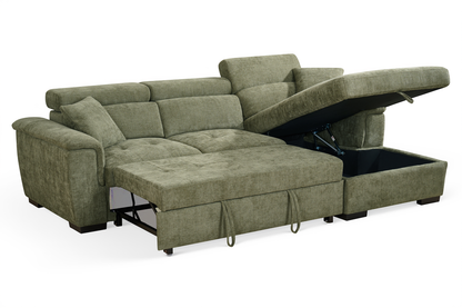 Green Chenille Fabric Corner Sofabed with Storage