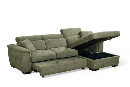 Green Chenille Fabric Corner Sofabed with Storage