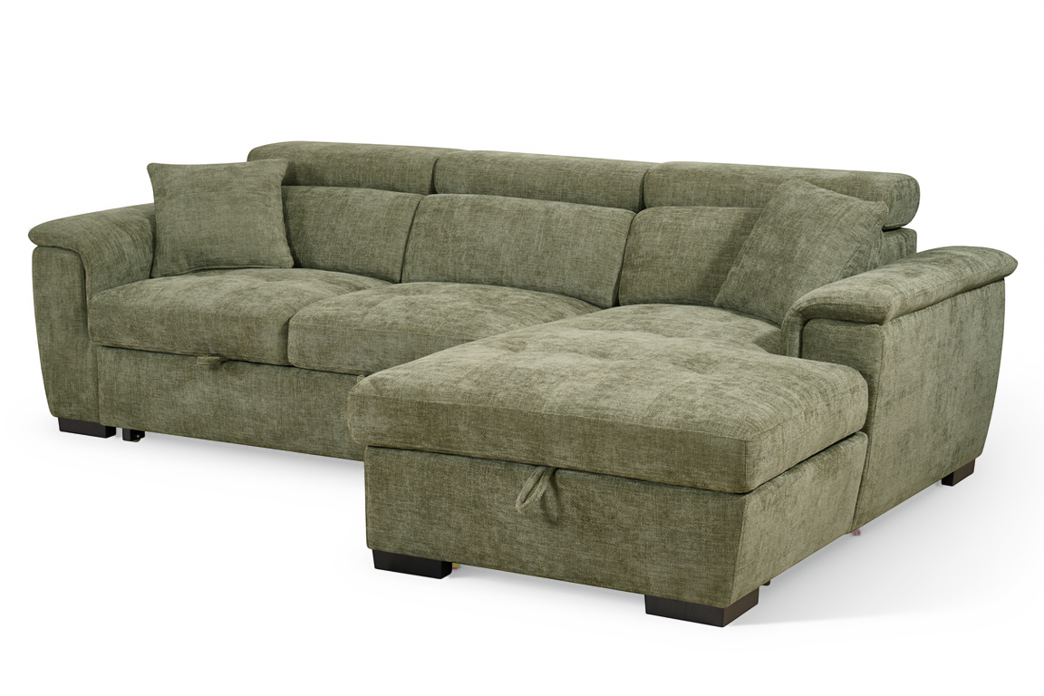 Green Chenille Fabric Corner Sofabed with Storage