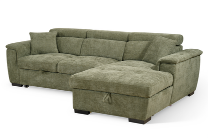 Green Chenille Fabric Corner Sofabed with Storage