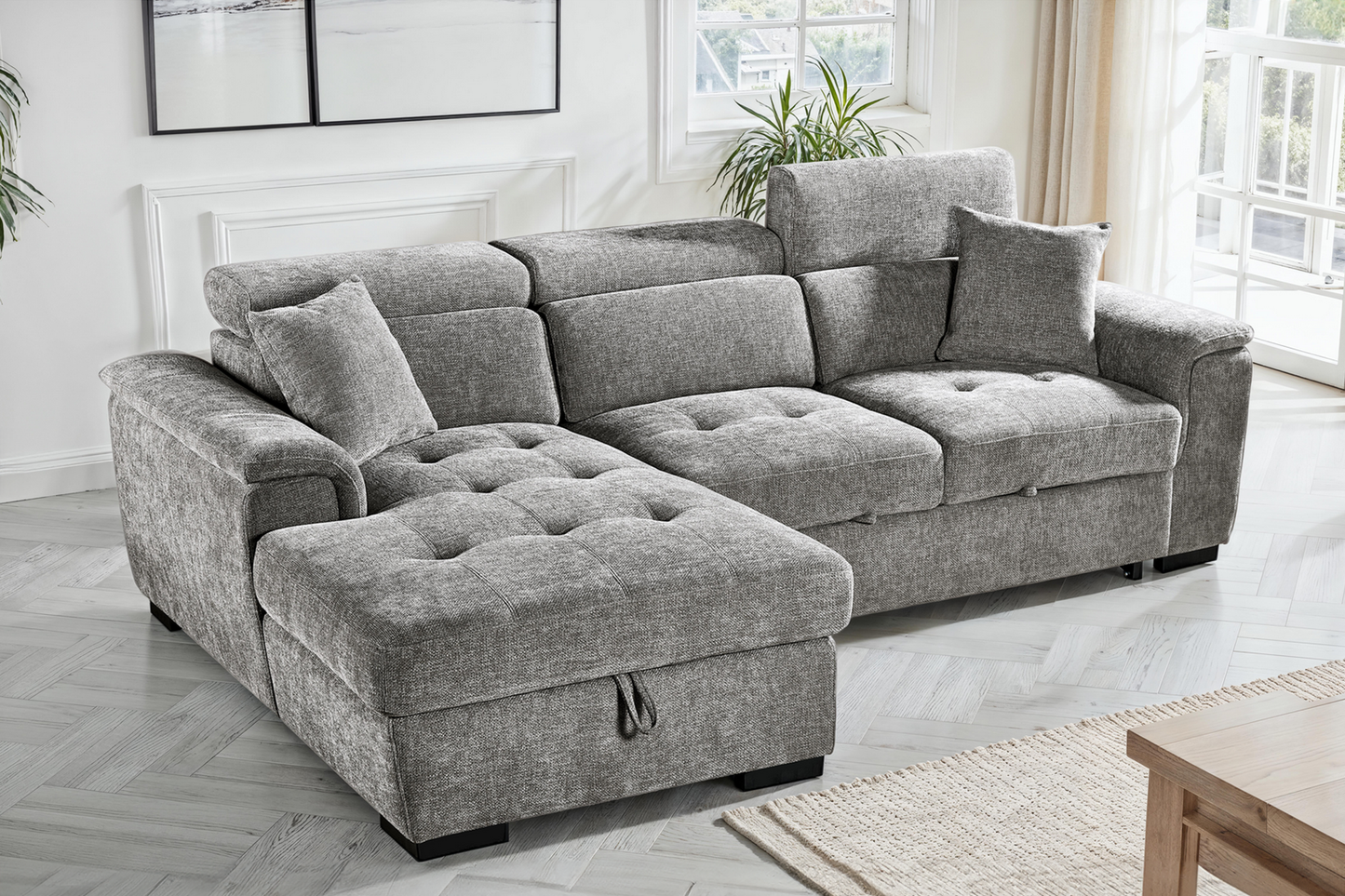 Grey Chenille Fabric Corner Sofabed with Storage