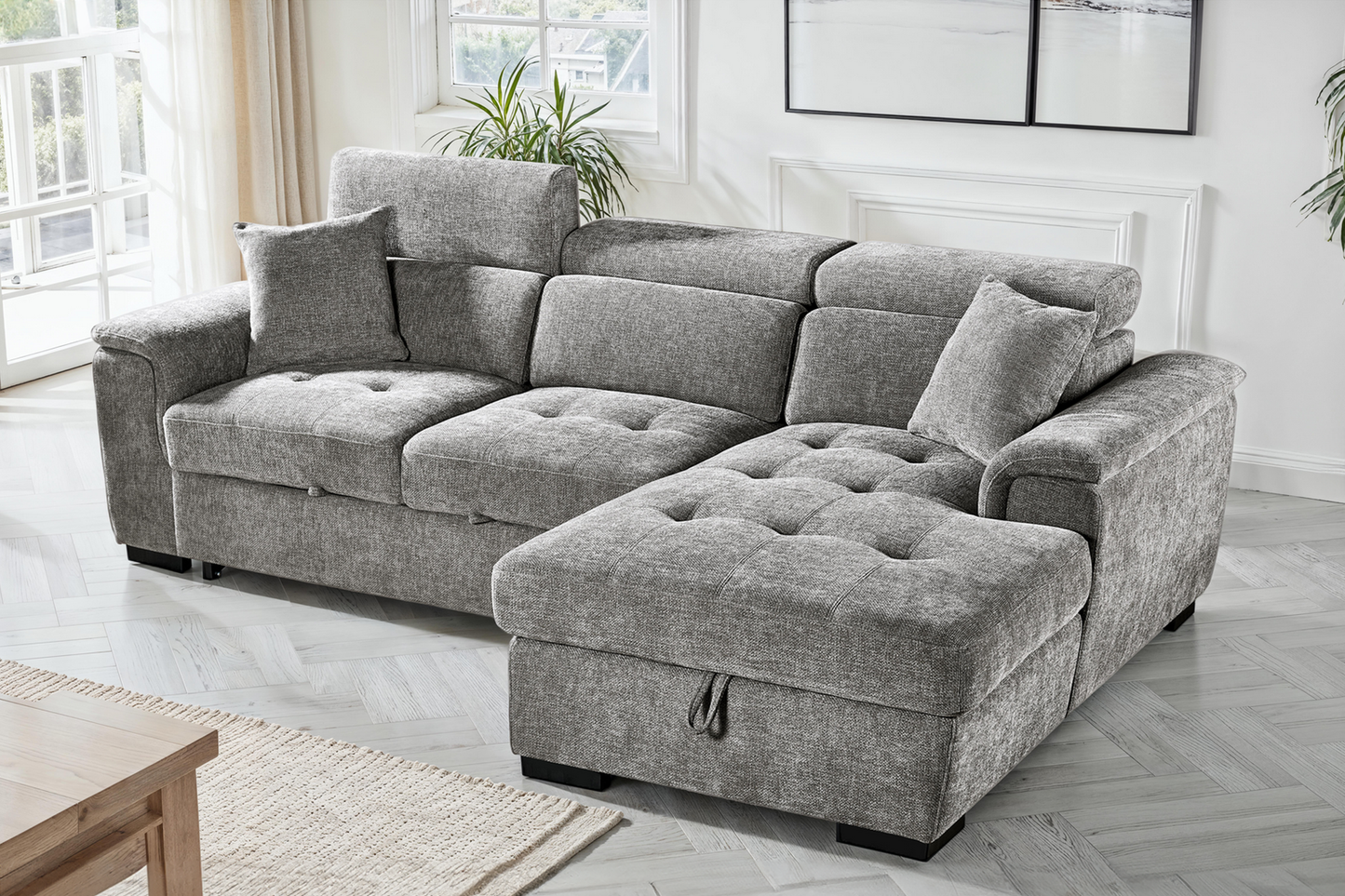 Grey Chenille Fabric Corner Sofabed with Storage