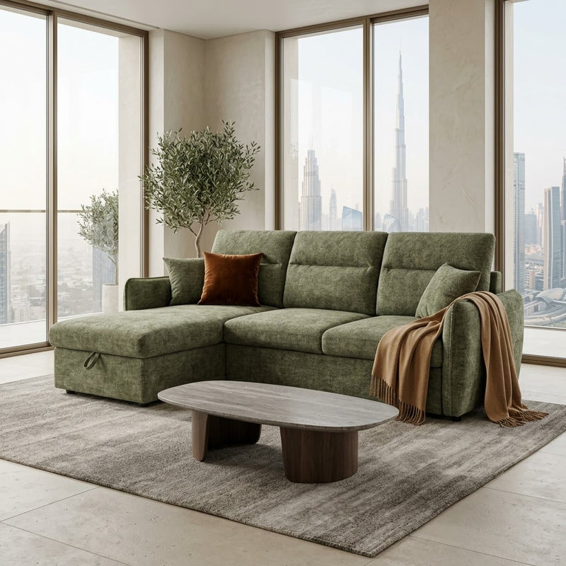 Archie Green Chenille Fabric Corner Sofabed with Storage