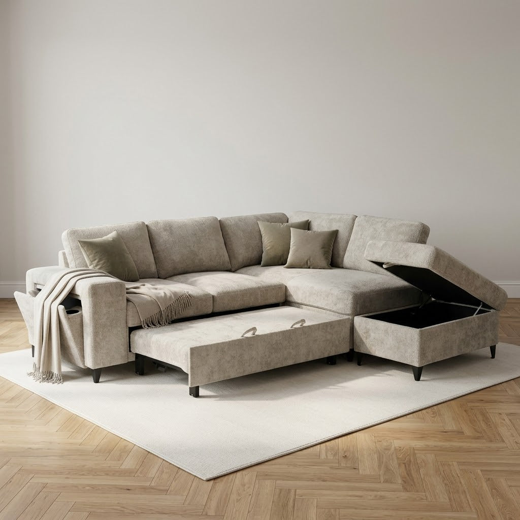 Elara Beige Chenille 2C1 Right Hand Corner Sofa Bed with Storage