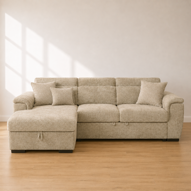 Beige Chenille Fabric Corner Sofabed with Storage