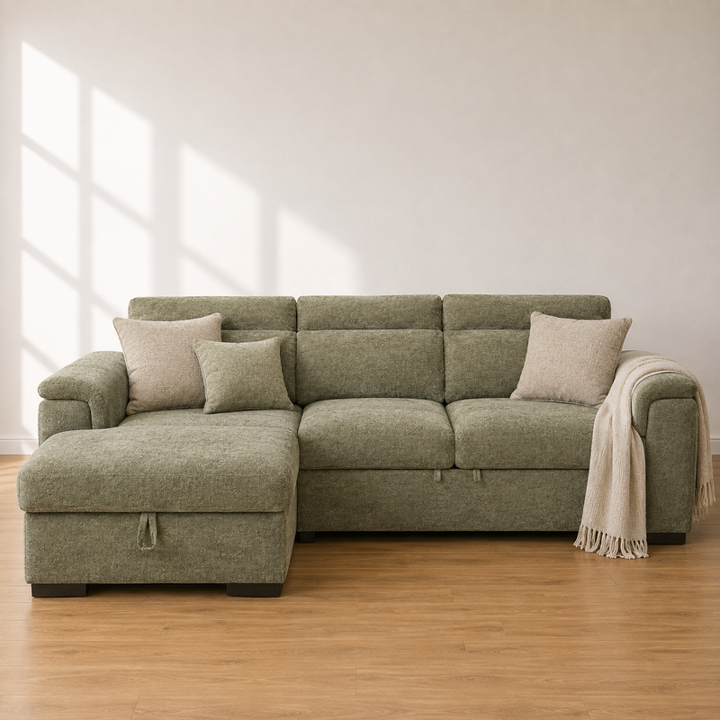 Wilson Green Chenille Fabric Corner Sofabed with Storage
