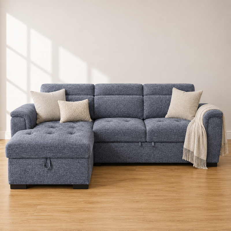 Wilson Pale Blue Chenille Fabric Corner Sofabed with Storage