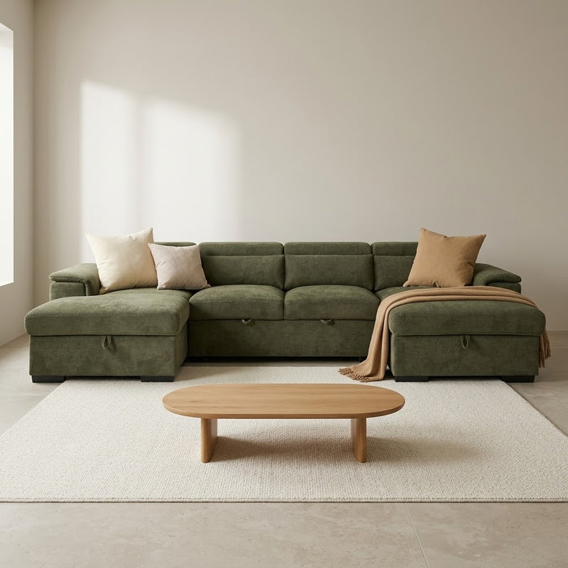 Alaya Storage U Shape Sofabed - Olive Green