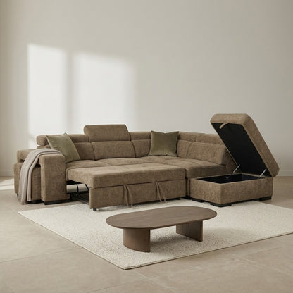 Amelia Chocolate Brown Chenille Fabric Corner Sofa Bed with Storage and Ottomans