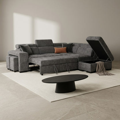 Amelia Dark Grey Chenille Fabric Corner Sofa Bed with Storage and Ottomans