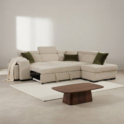 Amelia Light Beige Chenille Fabric Corner Sofa Bed with Storage and Ottomans