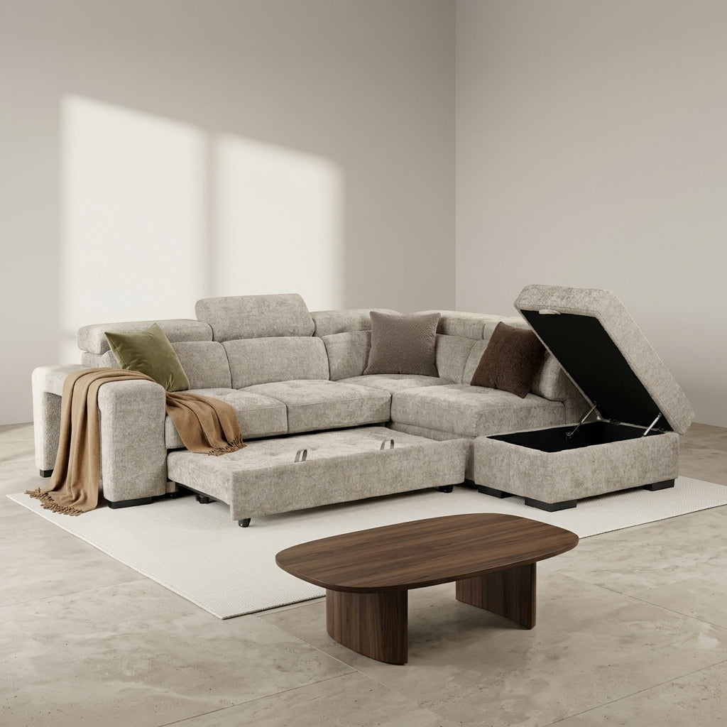Amelia Beige Chenille Fabric Corner Sofa Bed with Storage and Ottomans