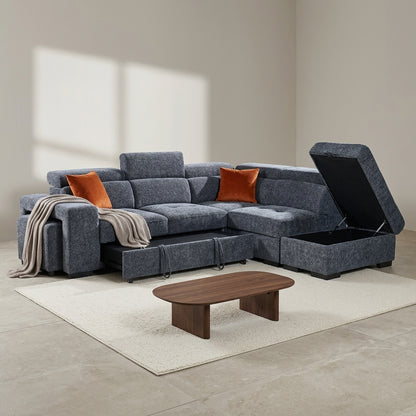 Amelia Blue Chenille Fabric Corner Sofa Bed with Storage and Ottomans