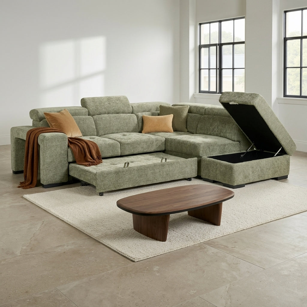 Amelia Green Chenille Fabric Corner Sofa Bed with Storage and Ottomans