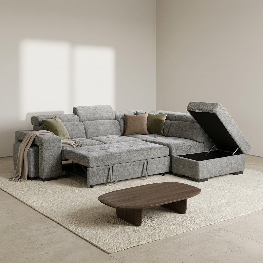 Amelia Grey Chenille Fabric Corner Sofa Bed with Storage and Ottomans