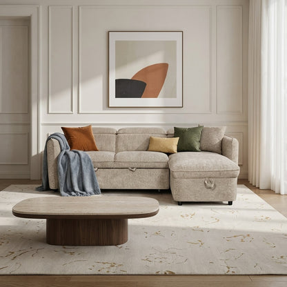 Capri Corner Sofa Bed With Storage - Beige - Universal Chaise - Pull Out Bed