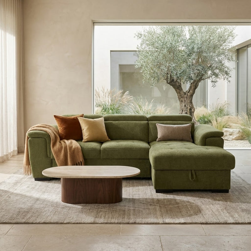 Alaya Storage L Shape Sofa Bed - Olive Green