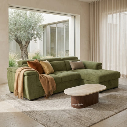 Alaya Storage L Shape Sofa Bed - Olive Green