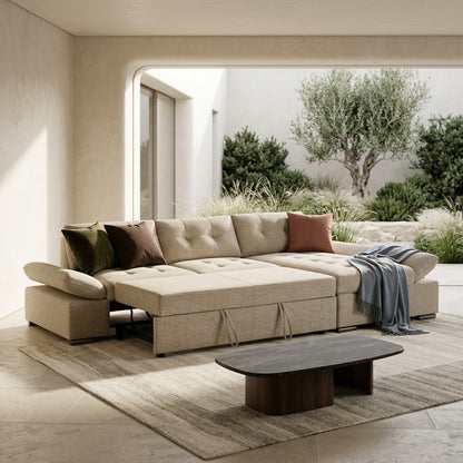 Harry Beige Chenille Fabric Corner Sofabed with Storage