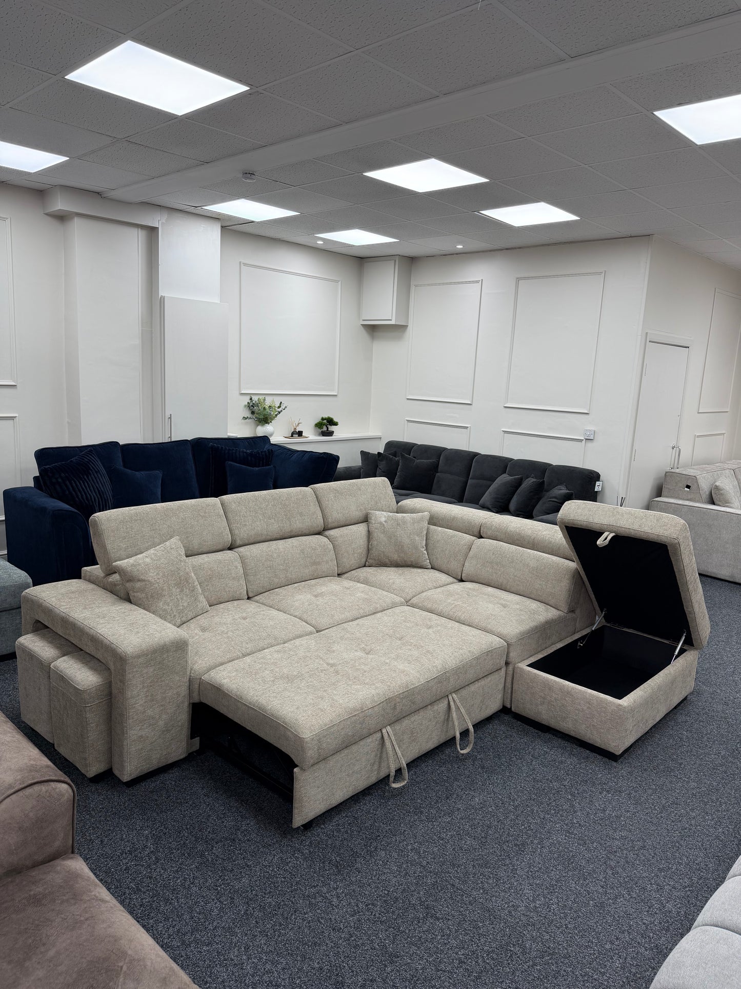 Amelia Beige Chenille Fabric Corner Sofa Bed with Storage and Ottomans