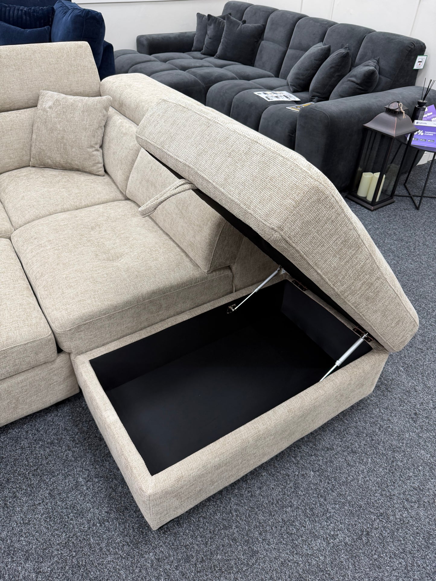 Amelia Beige Chenille Fabric Corner Sofa Bed with Storage and Ottomans