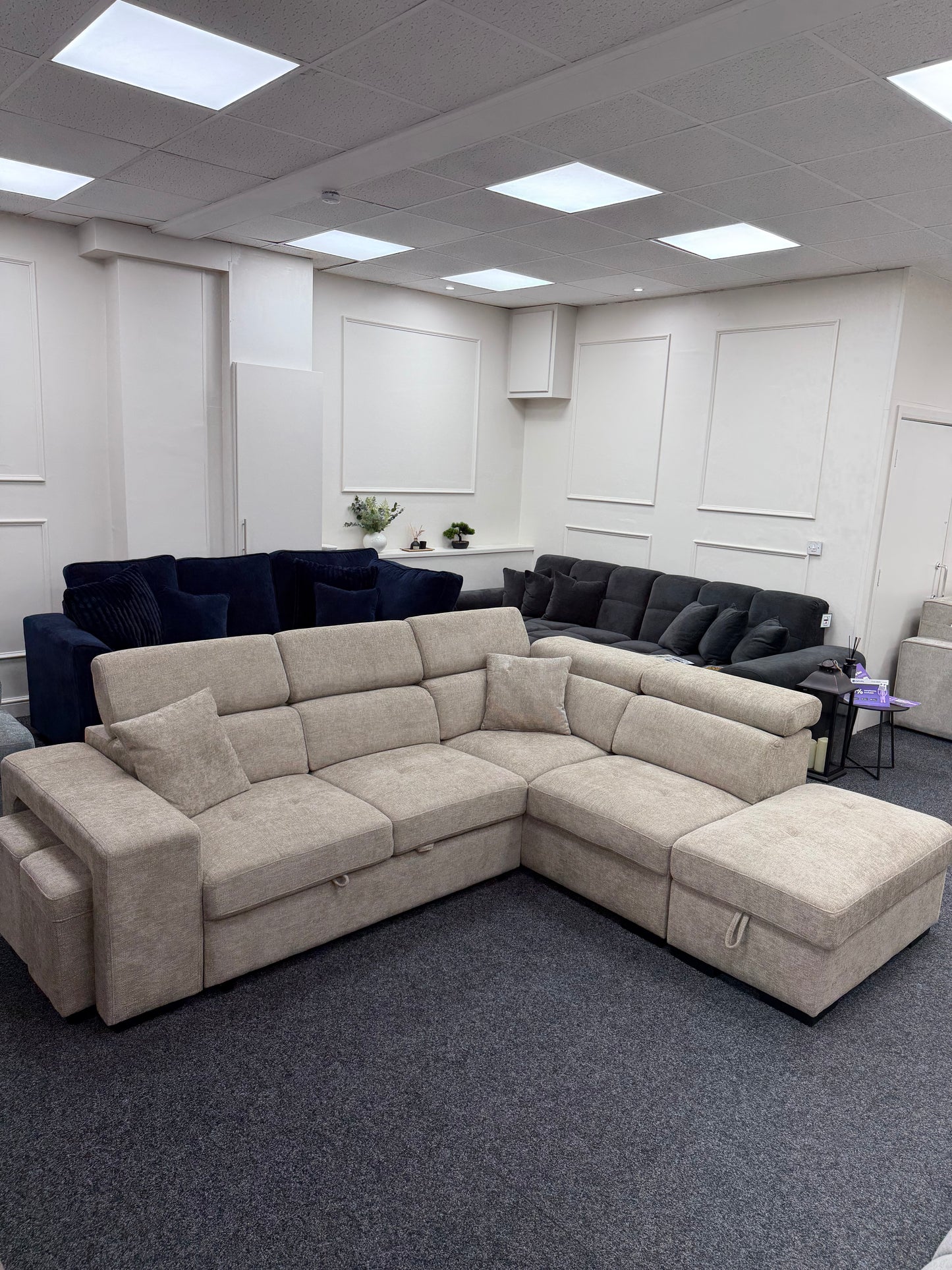 Amelia Beige Chenille Fabric Corner Sofa Bed with Storage and Ottomans