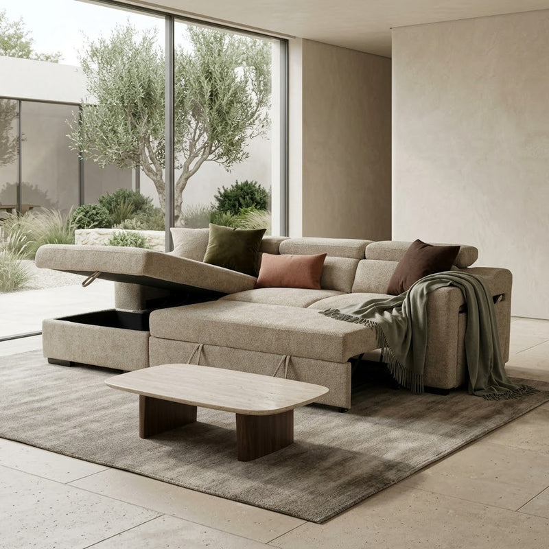 Arthur Beige Chenille Fabric Corner Sofabed with Storage