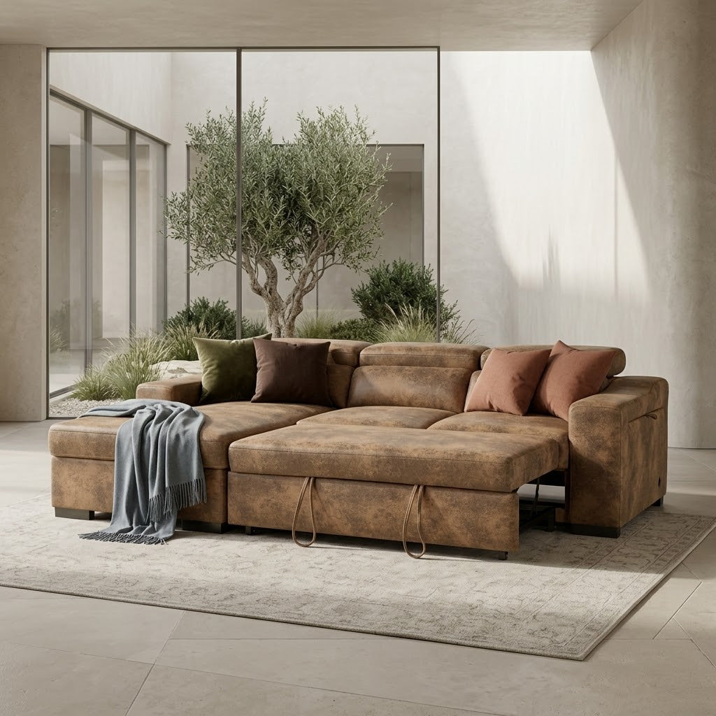 Arthur Brown Suede Faux Leather Corner Sofabed with Storage